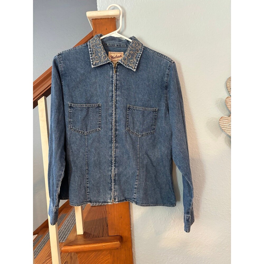 Woolrich Womens Medium Denim Jacket Shirt 100% Cotton Embroidered Collar VTG zip
